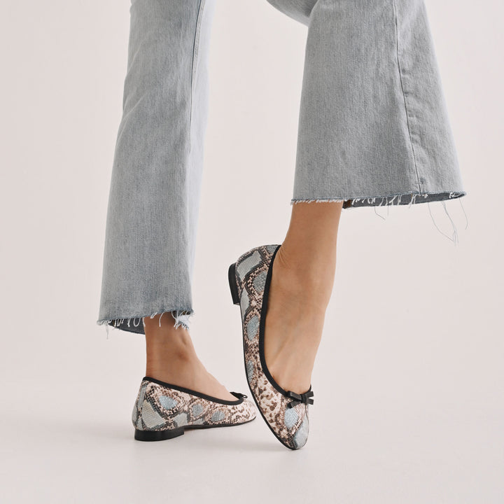 woman in Oleah Alma snake print ballerina flats, comfortable flats, snake print ballerina flats, goatskin leather shoes