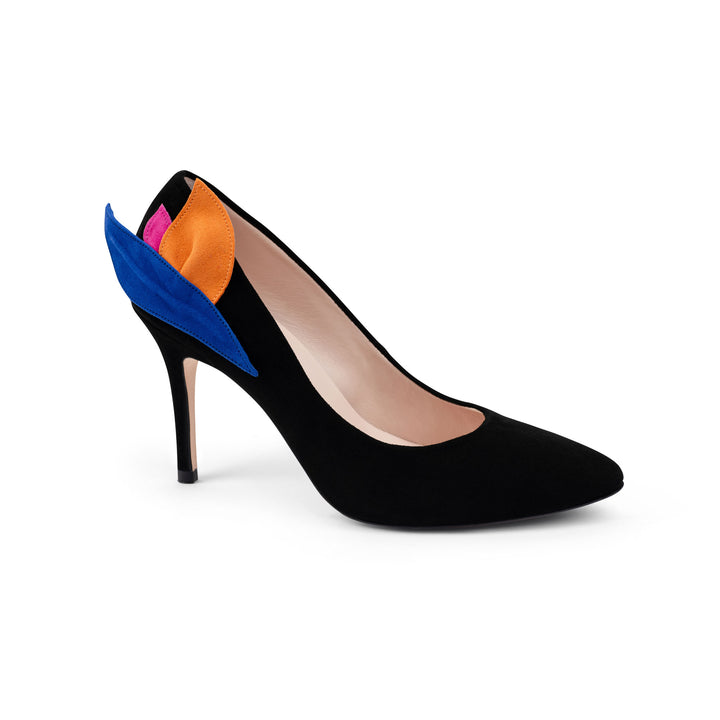 Oleah Black suede heels, statement heels, black pattern pumps, designer heels inspired by Bird of Paradise, Bird of Paradise heels view