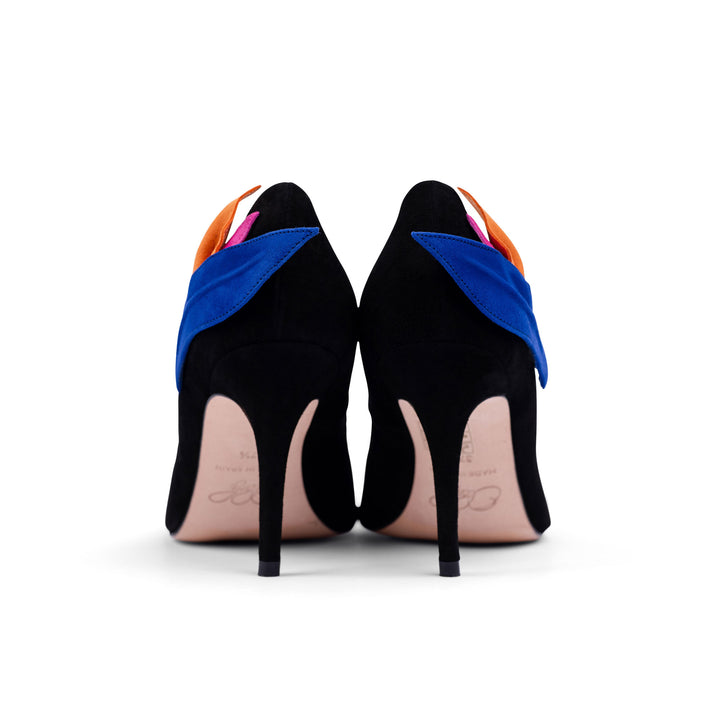 Oleah Black suede heels, statement heels, black heels, inspired by Bird of Paradise, Bird of Paradise heels back view
