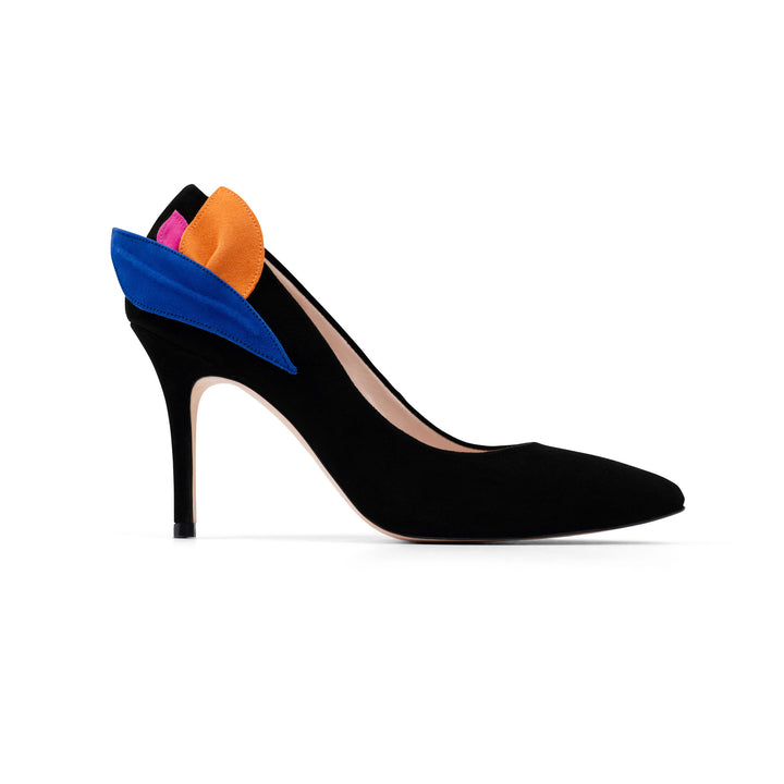 Oleah Black suede high heels, statement heels, black heels, inspired by Bird of Paradise, Bird of Paradise heels side view