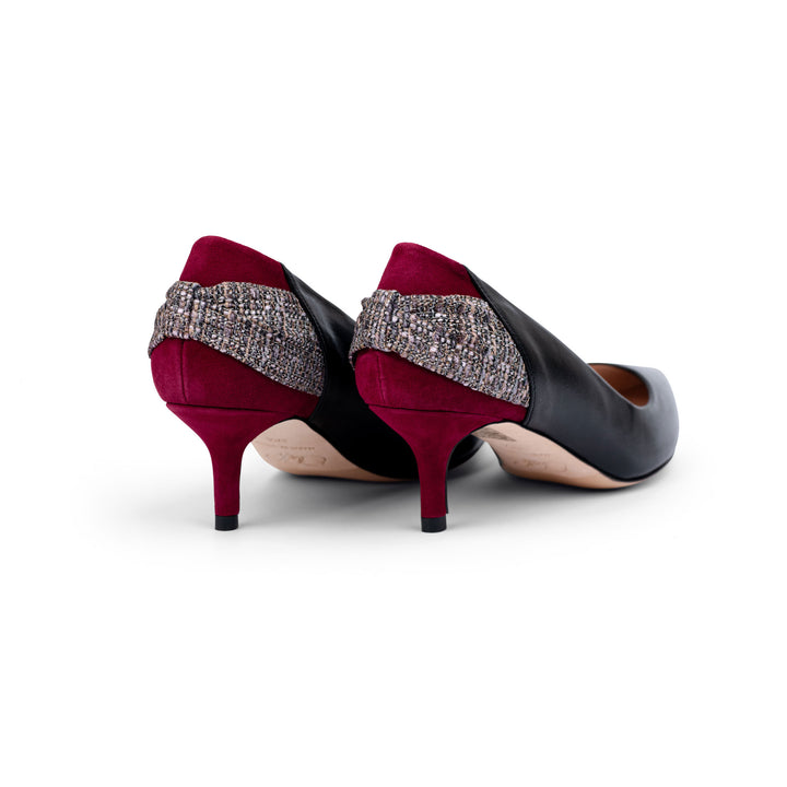 black sheepskin leather heels, black leather heels, black heels, black heels with maroon, tweed ribbon heels, sheepskin leather heels