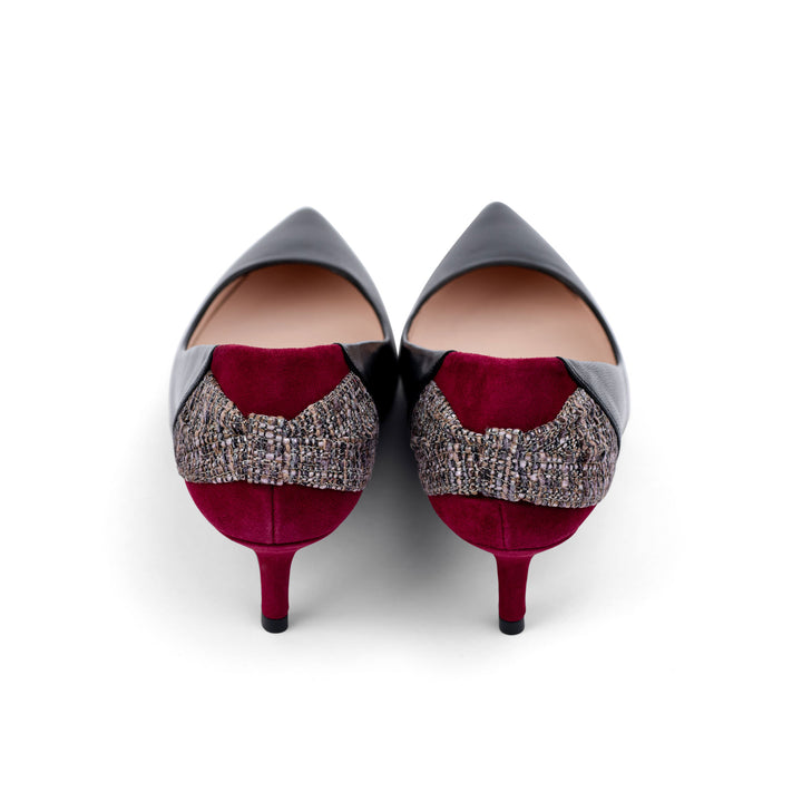 black sheepskin leather heels, black leather heels, black heels, black heels with maroon, tweed ribbon heels, sheepskin leather heels