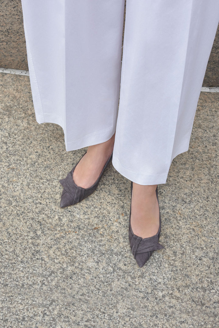 suede grey heels paired with white pants, how to wear grey heels, grey heels styling, gray heels, gray suede heels styling outfit inspiration top view