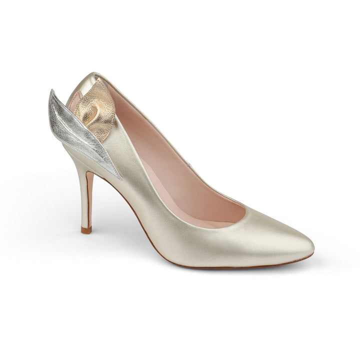 Oleah gold wide pumps for wedding, designer statement gold heels, gold heels three quart view. Covered gold heels
