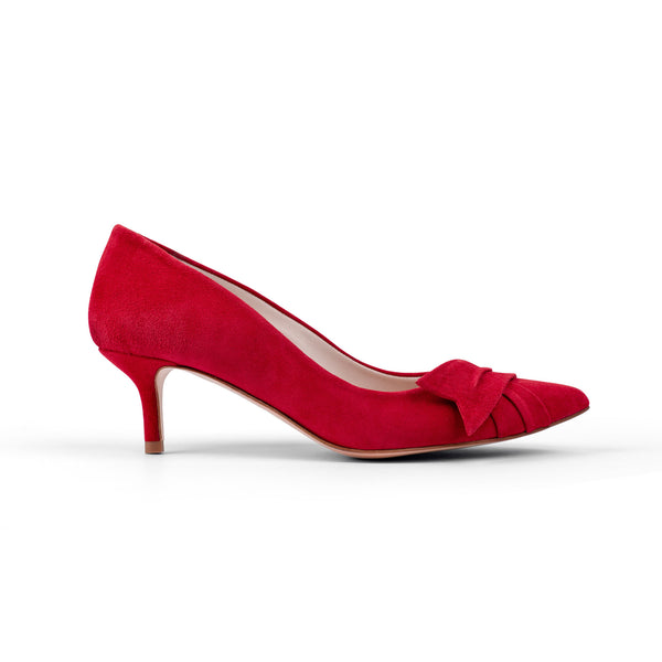 Oleah suede heels - camelia red, red kitten heels, red suede low heels, red heels side view