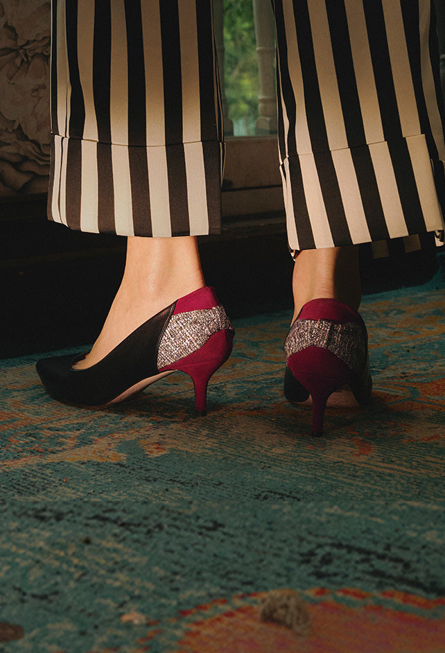 How to wear two toned heels, black heels with maroon suede, how to wear striped pants, striped pants styling, black covered heels styling
