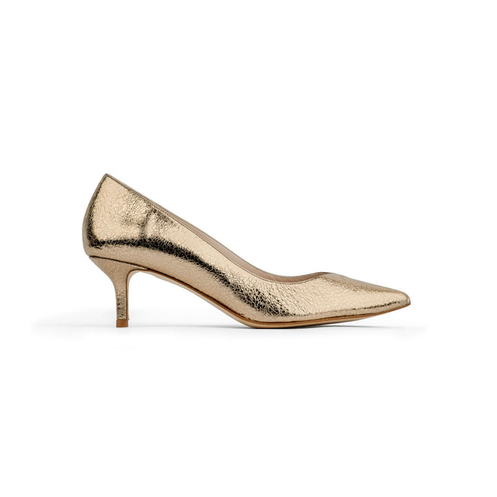 Oleah metallic gold heels, gold heels, metallic heels, crinkled leather, foil leather heels, low gold heels side view