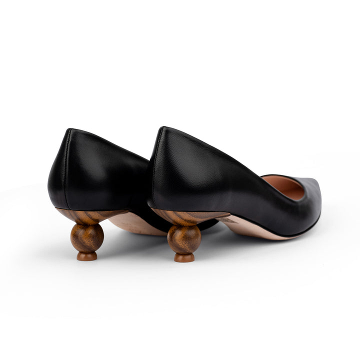 black sheepskin heels, soft leather heels, black heels, black block heels, ball heels, wooden ball heels