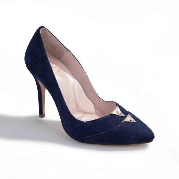 Navy suede high heels, 9cm designer wide heels, size 39 soft high heels, made in Spain blue heels, cushioned heels designed in Singapore