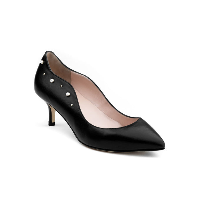 Black classic pearl low heels, designer size 33 leather mid black heels, classy size 35 low black leather heels