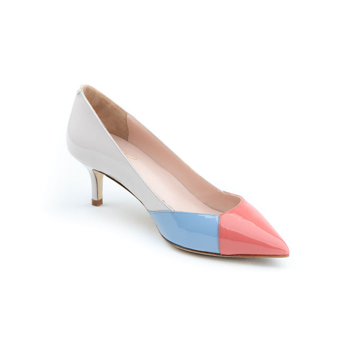 Multi coloured low heels, 5cm pastel kitten patent heels, low cut heels, Periwinkle shade work heels, coral shade cushioned heels