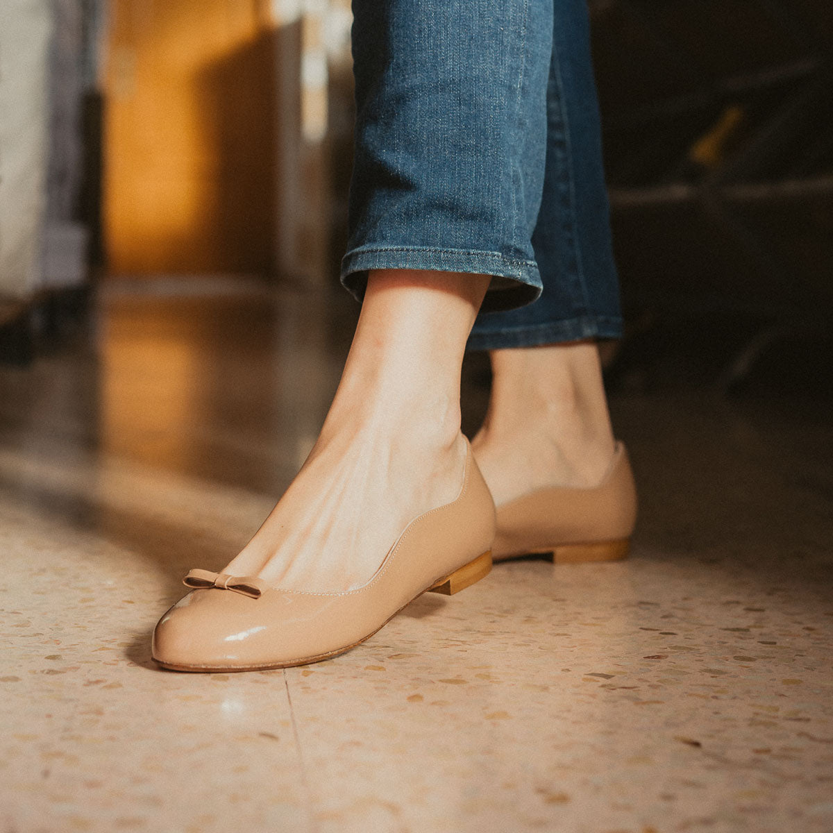 oleah shoes patent ballerina flats in nude pecan, nude ballerina patent flats, nude ballerina flats, nude patent flats, comfortable nude flats