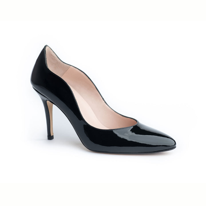 Wide black patent high heels, black work patent stilleto, black designer heels