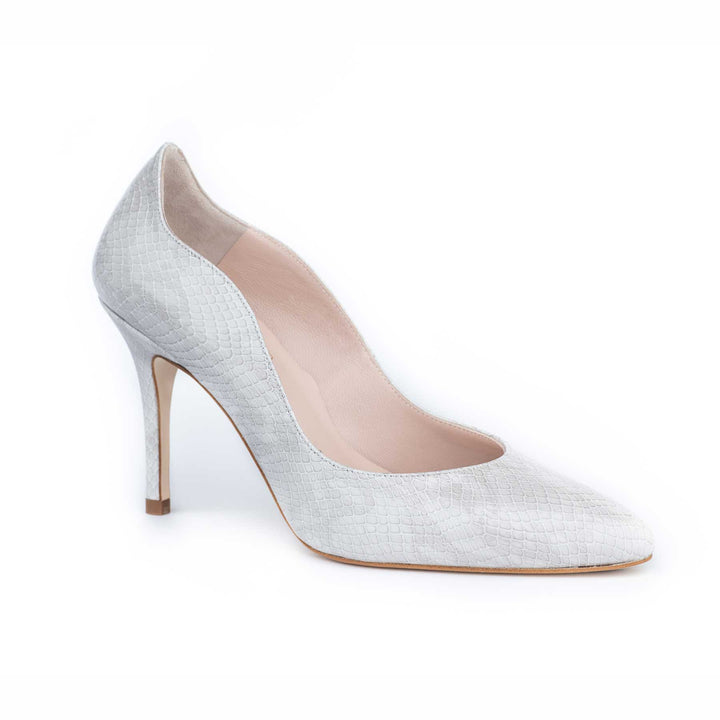 oleah patent heels, snake patent heels, light grey patent heels, covered heels in patent, snake print, light grey heels view