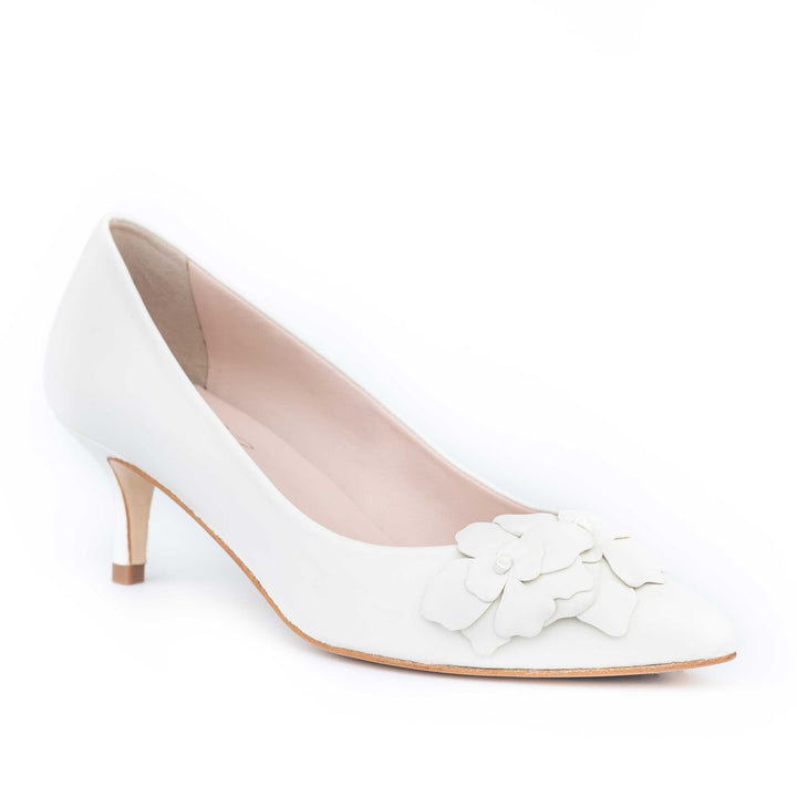 oleah flower heels off-white wedding heels, floral applique heels, floral heels, leather flower heels made in sheepskin leather, white wide mid heels
