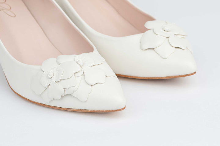 oleah flower heels off-white wedding heels, floral applique heels, floral heels, leather flower heels made in sheepskin leather
