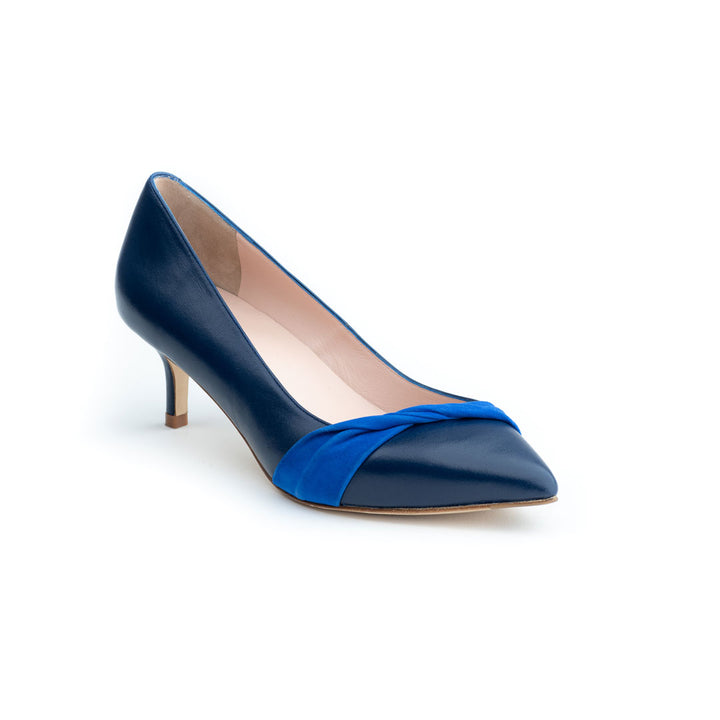 Prussian blue low heels, low blue pumps for work, low cut cushion heels, blue dress heels